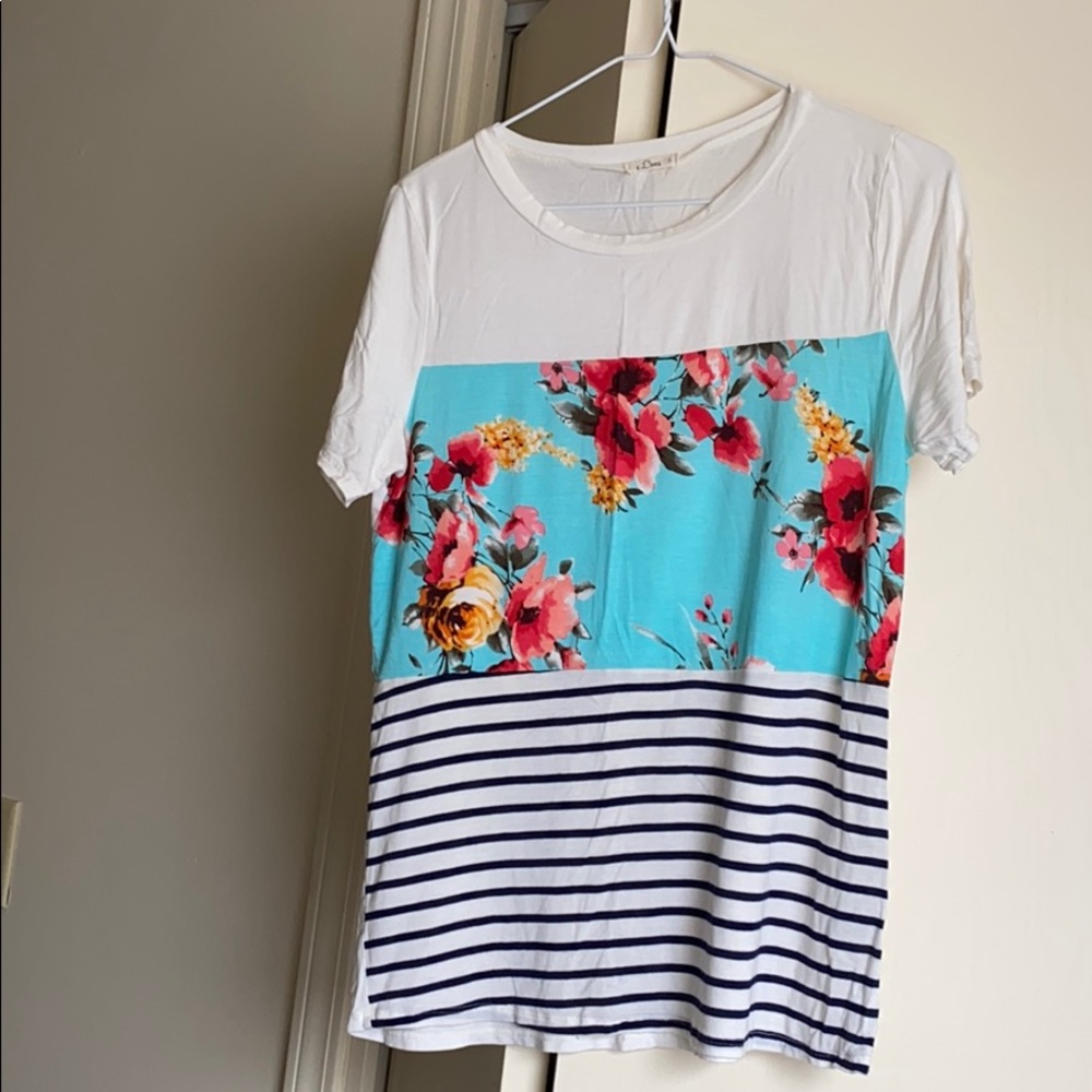 Floral & Navy striped color block tee.